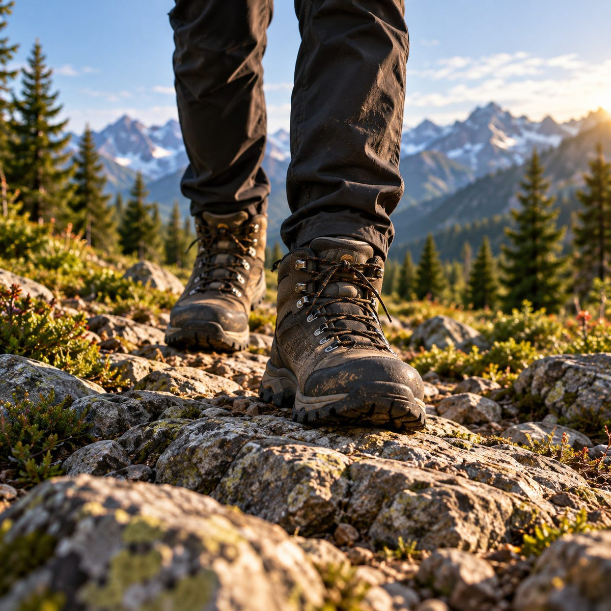 Chaussures de randonnée montantes sur un sentier rocheux en montagne