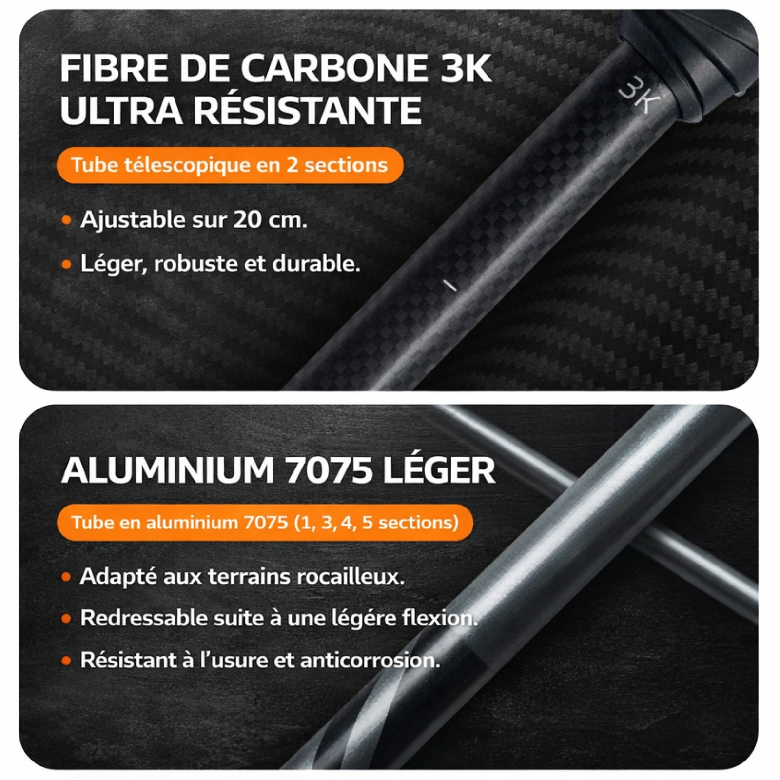 Bâton de randonnée pliable en carbone ultraléger
