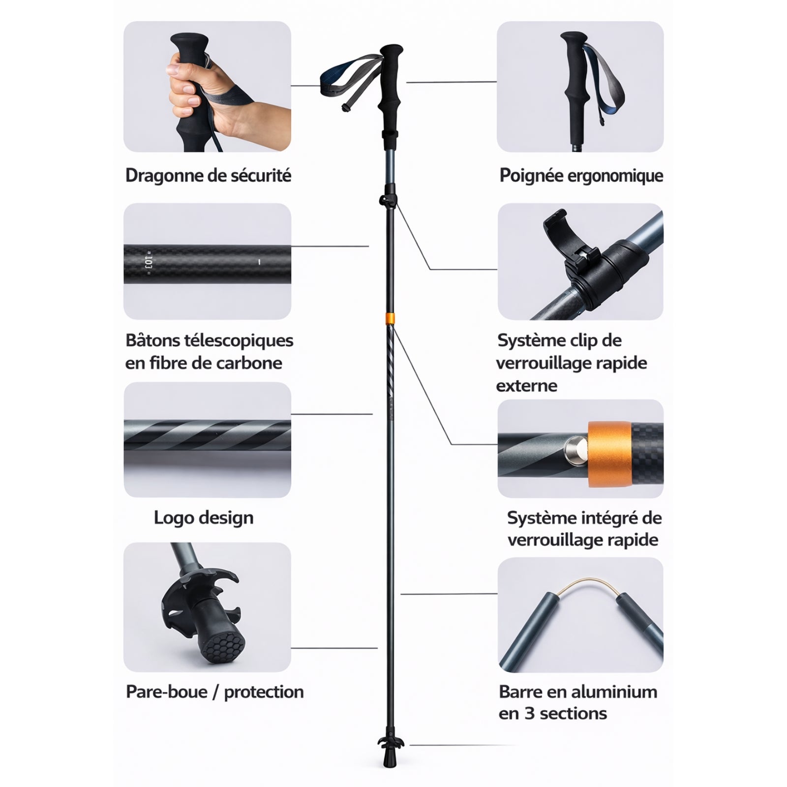 Bâton de randonnée pliable en carbone ultraléger