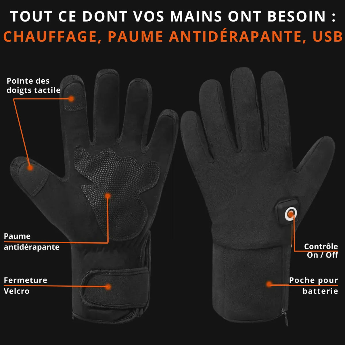 Gants thermiques rechargeables avec grip antidérapant | Esprit Baroudeur