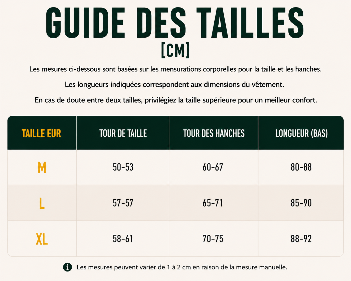 Guide des tailles Leggings taille haute pour femmes