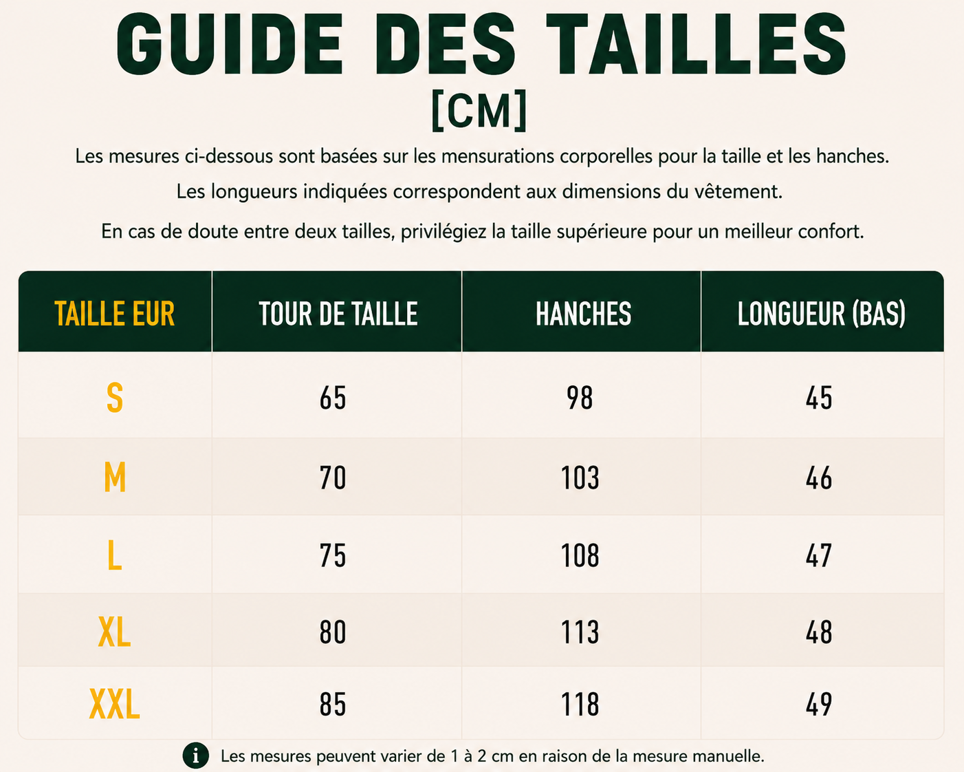 Guide des tailles Short cargo | taille haute pour femme