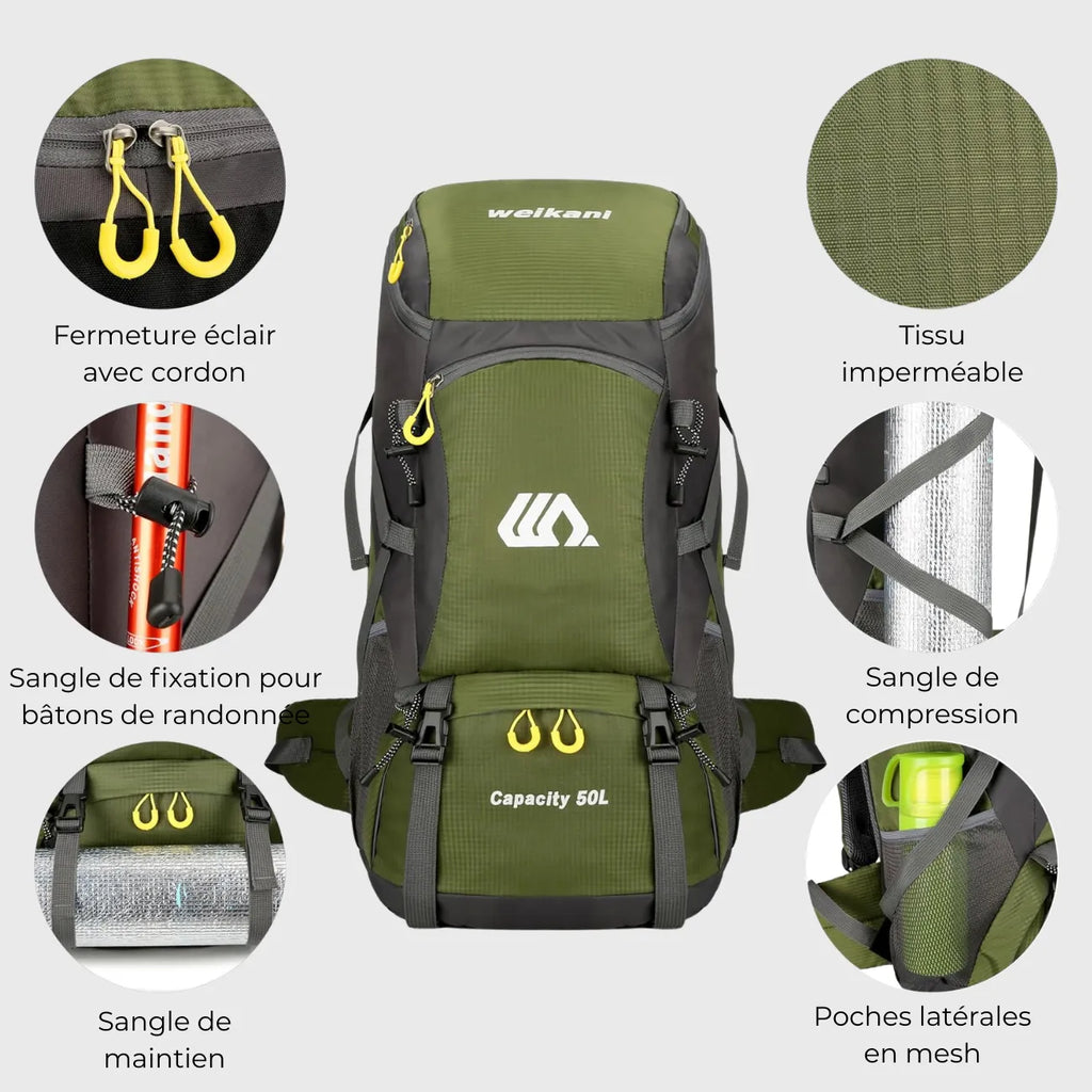 Sac à dos randonnée 50L léger avec ceinture lombaire
