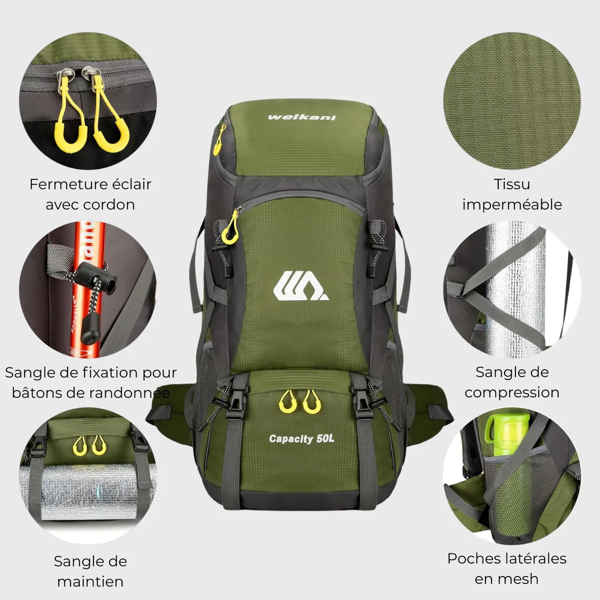 Sac à dos randonnée 50L léger avec ceinture lombaire
